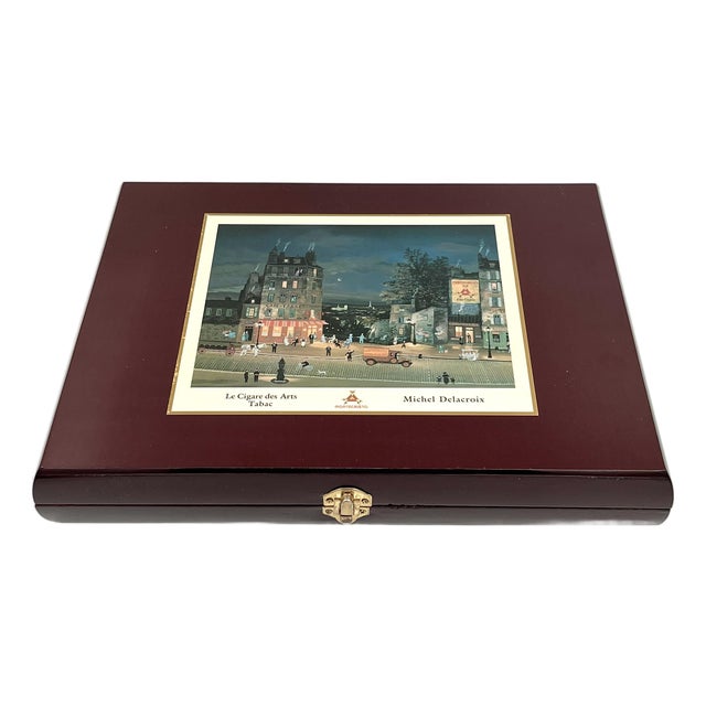 Vintage Montecristo Wood Cigar Box Parisian Artist Michel Delacroix Design For Sale