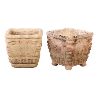 1950s Pair of Italian Cast Stone Planters With Face Motifs For Sale