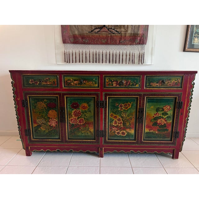 Wood Late 20th Century Handcrafted Mongolian Painted Buffet Cabinet For Sale - Image 7 of 7