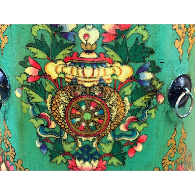 Teal Turquoise Green Tibetan Drum Style Lotus Jewel Graphic Table Stool For Sale - Image 10 of 11