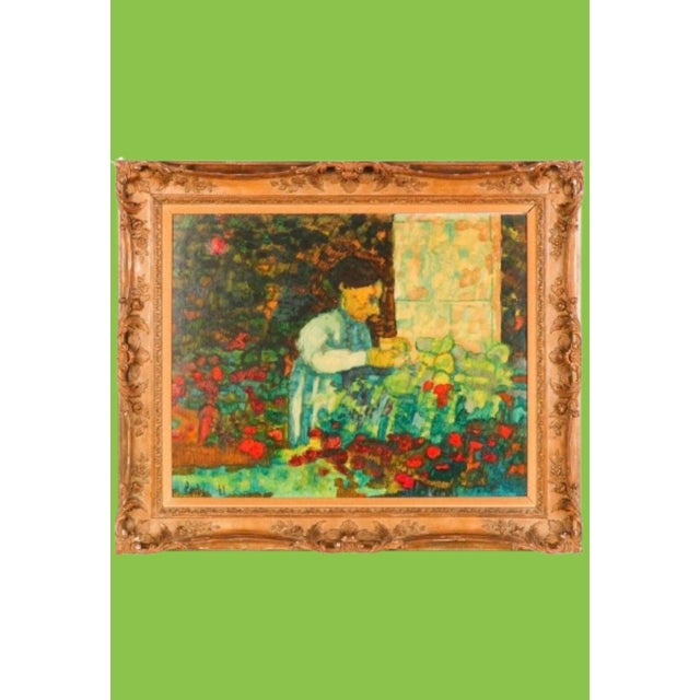 American 1961 American Donal Purdy Modernist Composition of a Female Figure in a Vibrant Garden Setting Frame Oil Art on Masonite. For Sale - Image 3 of 10