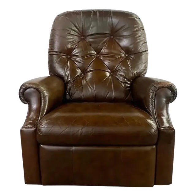 EEnglish Chesterfield Style Brown Leather Tufted Reclining & Rocking Club Chair For Sale