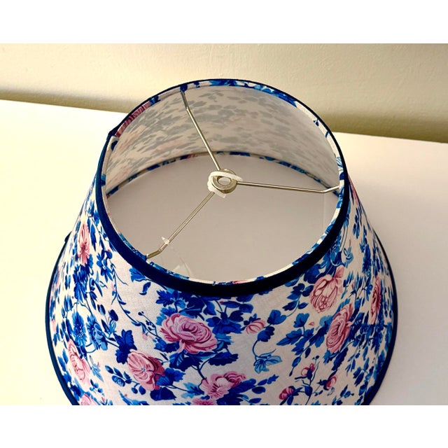 Floral Fabric Lampshades With Navy Velvet Trim, Styled After Brunschwig & Fils, a Pair (New) For Sale In New York - Image 6 of 8