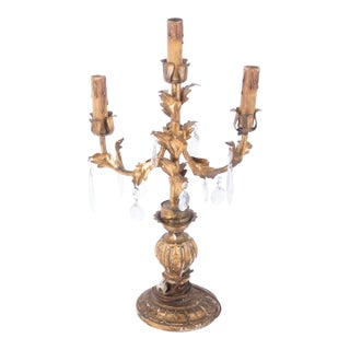 Mid 20th Century Italian Style Gilt Wood and Tole Three Light Candelabra For Sale