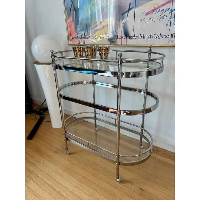 Circa 80's 3-Tier Chrome & Glass Bar Cart For Sale - Image 4 of 8