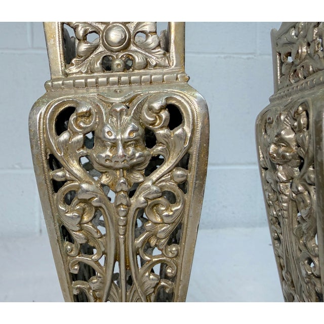 Pair of Antique Victorian Reticulated Open Worked Nickel Plated Brass Vases For Sale - Image 11 of 11