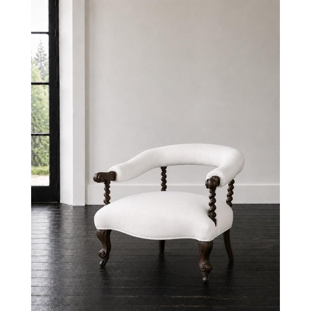 A one-of-a-kind authentic 1830s-1850s English Jacobean barley-twist library / tub chair (William IV period). Solid walnut...