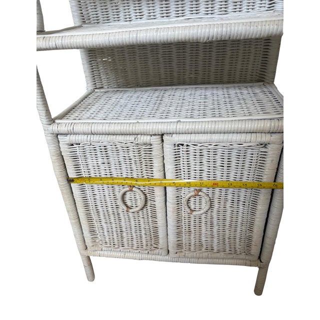 Vintage White Wicker Étagère With Double Door Cabinet & Curved Frame For Sale - Image 10 of 12