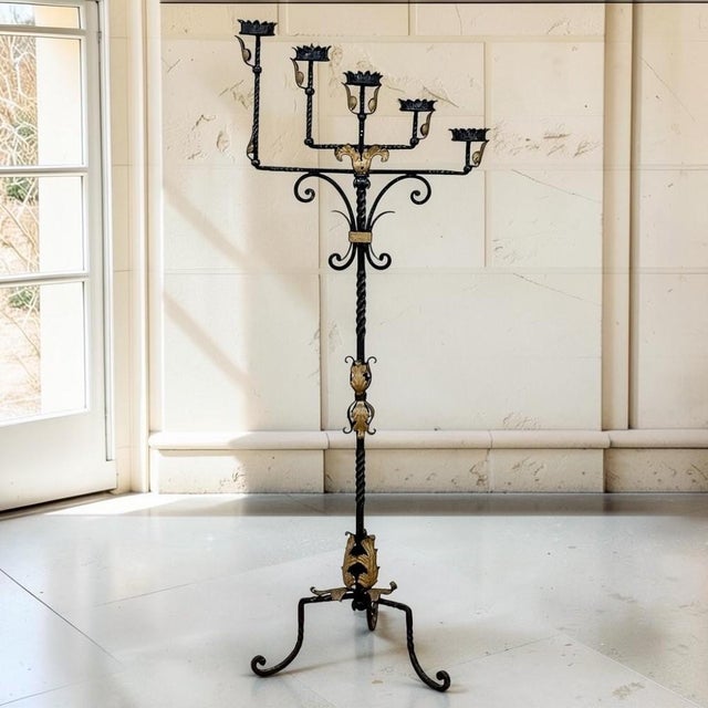 Traditional Spanish ironwork gives this striking Spanish Revival torchère its sculptural presence and distinctive...