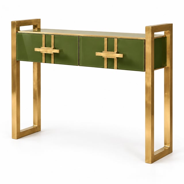 Olive Green Murano Glass Console Table with Brass Accents from Justfurnituress SRL For Sale - Image 4 of 11