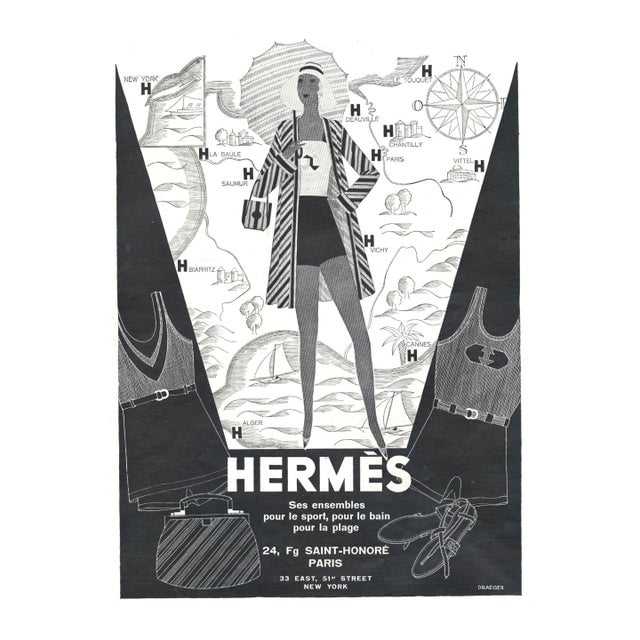1930 Original French Art Deco Hermes Advertisement Print- Beach Luxury Products For Sale