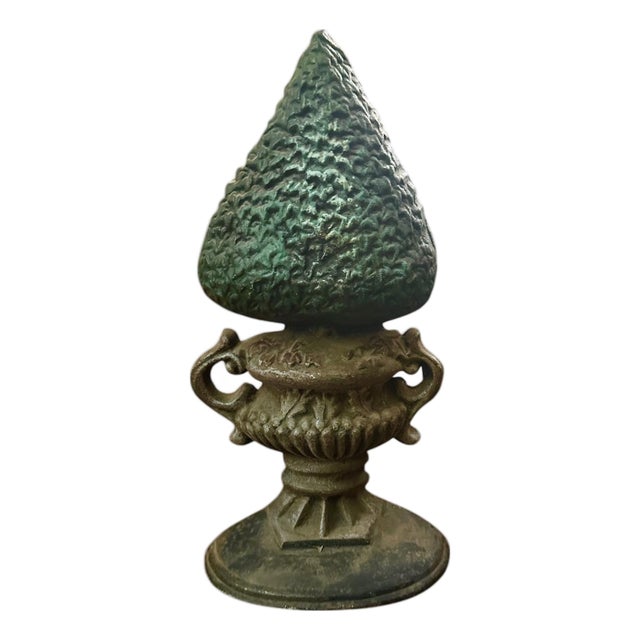 Vintage Cast Iron Boxwood Topiary Tree in Handled Urn Door Stop For Sale