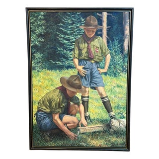 Large Signed Oil on Canvas Painting by Alfred Waagner, Two Scouts in an Alpine Meadow, Early 20th Century. For Sale