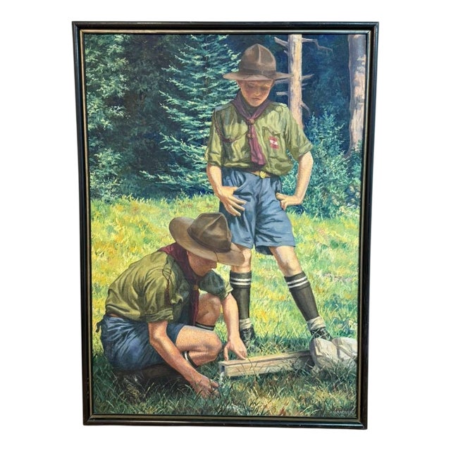 Large Signed Oil on Canvas Painting by Alfred Waagner, Two Scouts in an Alpine Meadow, Early 20th Century. For Sale