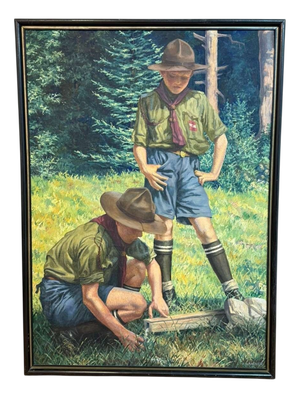 Large Signed Oil on Canvas Painting by Alfred Waagner, Two Scouts in an Alpine Meadow, Early 20th Century.