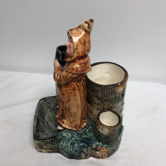 Antique Continental circa 1900 Majolica matchholder of smiling monk.