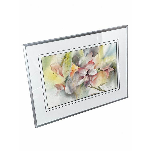 1989 Signed Abstract Floral Watercolor in New Silver-Tone Frame For Sale - Image 4 of 16