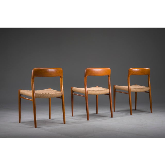 Mid-Century Modern Danish Teak Mod. 77 Dining Chairs with Paper Cord by Niels O. Møller for J.L. Møllers, 1959, Set of 3 For Sale - Image 3 of 11