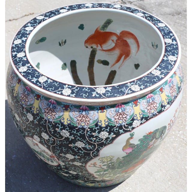 Voluminous Vintage Rose Medallion Fish Bowl Planter With Peacocks and