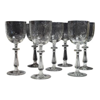 Vintage Rock Sharpe Paisley Pattern Etched Glass 8" Water Goblets Stems - Set of 7 For Sale