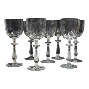 Vintage Rock Sharpe Paisley Pattern Etched Glass 8" Water Goblets Stems - Set of 7