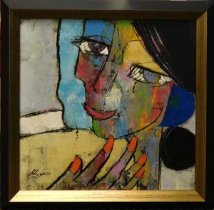 "Visage 56" Contemporary Cubist Style Figurative Oil Painting by Helen Zarin, Framed