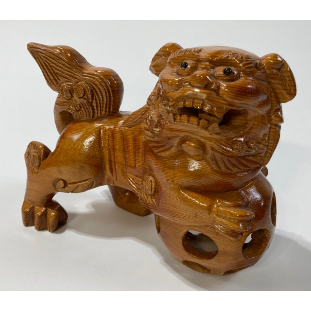 Chinoiserie Vintage Hand-Carved Wood Foo Dog Figure For Sale - Image 3 of 7