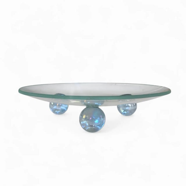 Late 20th Century Vintage Postmodern Pedestal Glass Candle Stands Risers With Tripod Iridescent Orb Bases- Set of 2 For Sale - Image 5 of 7