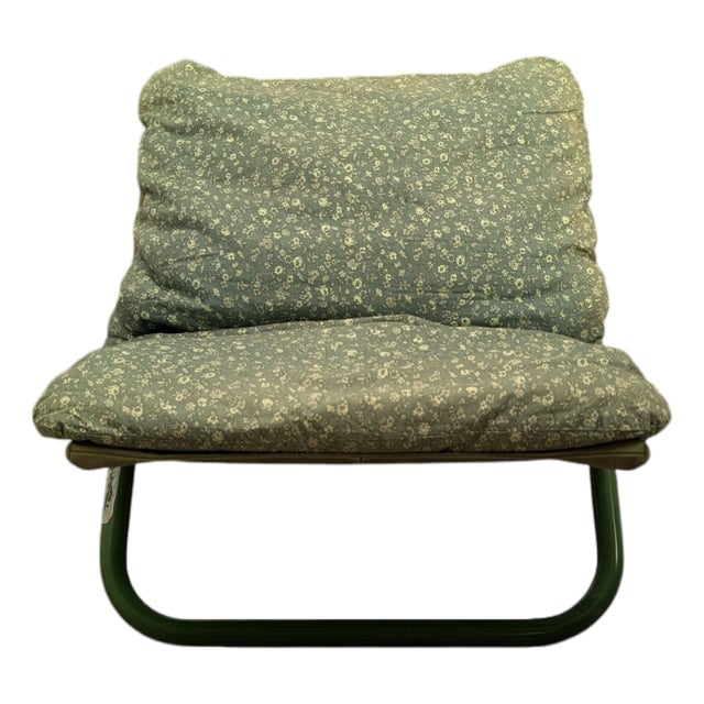 Vintage Lounge Chair in Green Metal and Canvas with Floral Cushion from Arflex For Sale