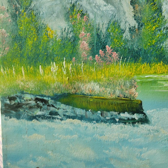 1970s S. LeRoy Original Oil on Canvas River Landscape Painting Signed Unframed Trees For Sale - Image 11 of 18