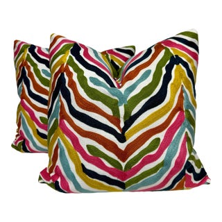 Embroidered Zebra in Multi 22" Pillows-a Pair For Sale