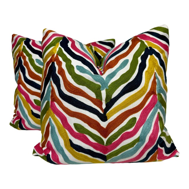 Embroidered Zebra in Multi 22" Pillows-a Pair For Sale