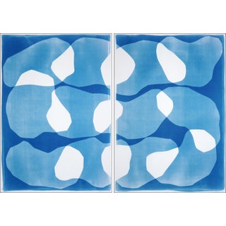 2025, Zig Zag Ovals Diptych, Unique Monotype Cyanotype, Biomorphic Art, Watercolor Paper by Kind of Cyan-Set of 2 For Sale
