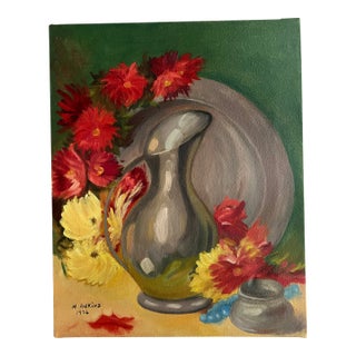 1970s' Vintage Still Life Painting of a Pitcher and Colorful Flowers For Sale