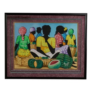 Vintage Jamaican Folk Art Painting of a Market With Figures and Fruit by C. Pearson For Sale