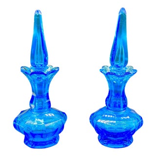 Aquamarine Blue Bohemian Glass Perfume Bottles, Set of 2 For Sale