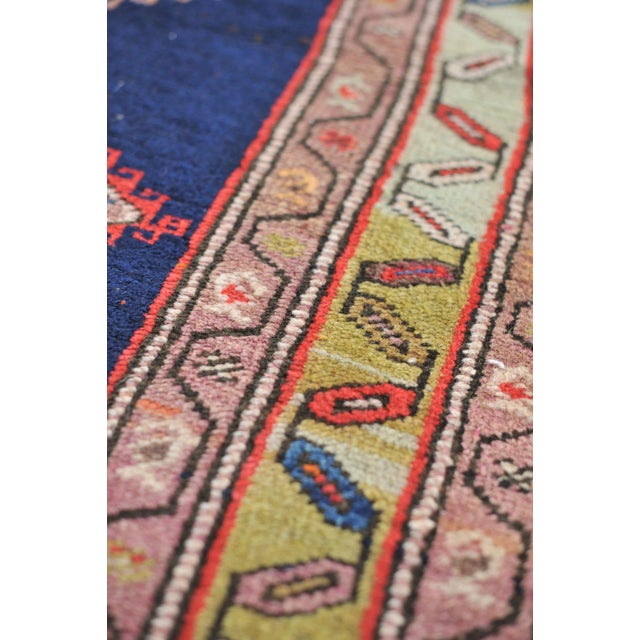 Textile 1940s Tribal Indigo, Teal, Plum & Pistachio Green Geometric Design Rug, 3.9 x 14.2 For Sale - Image 7 of 11