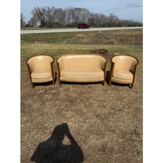 1940s French Art Deco Leather Solid Mahogany Barrel Back Club Chairs and Settees - A Set of 3 Piece For Sale - Image 13 of 17