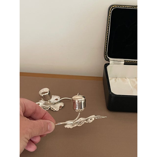 Antique Leaf Design Silver Plated Salt and Pepper Shakers in Satin Lined Case - 3 pcs For Sale In Chicago - Image 6 of 12