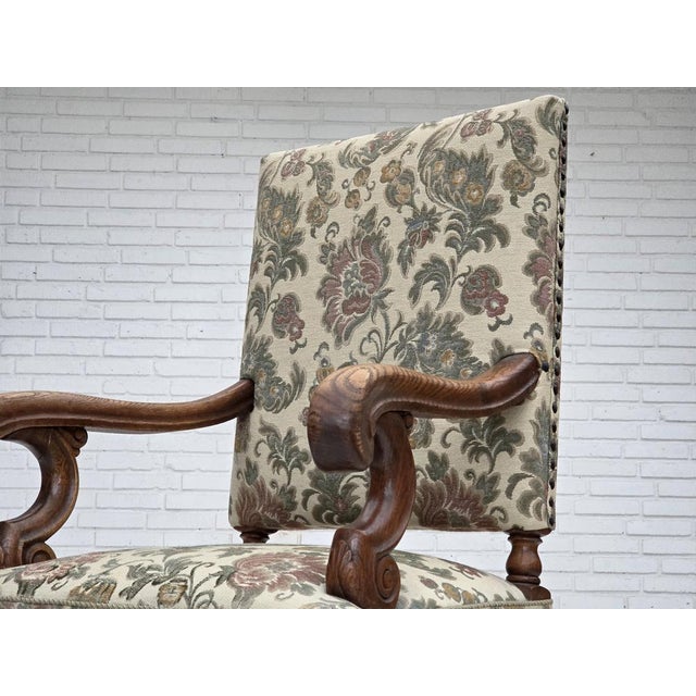 Scandinavian Highback Armchair in Patterned Fabric and Hand-Carved Oak, 1950s For Sale - Image 17 of 18