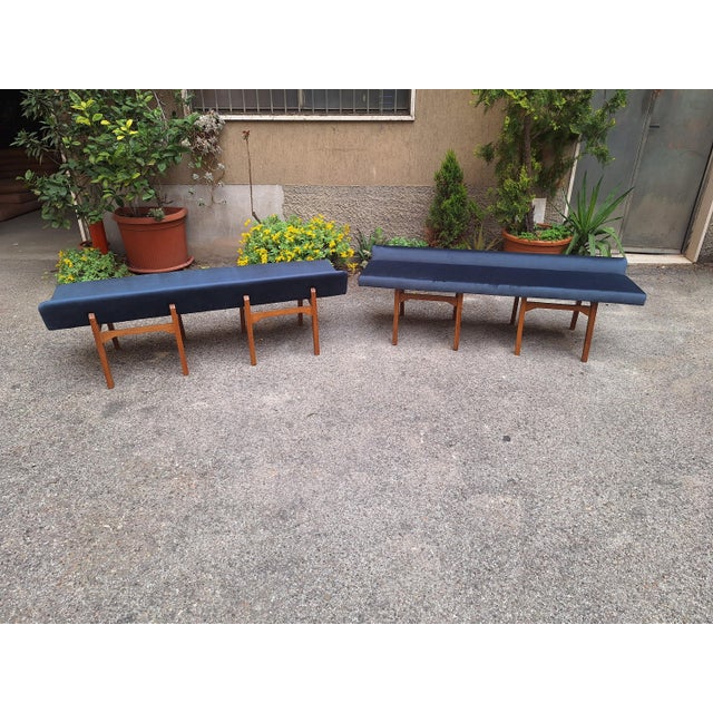 Bench in Light Wood with Electric Blue Velvet Seat, 1960s For Sale - Image 10 of 18