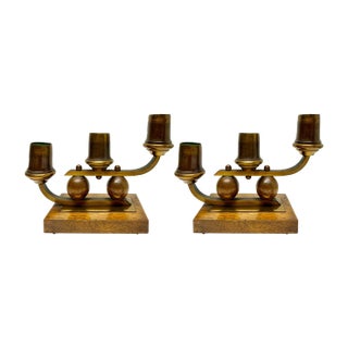 Art Deco Wooden Base & Brass Candlesticks, 1930s, Set of 2 For Sale