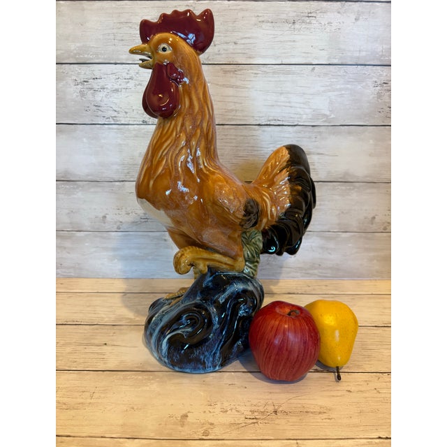 Italian Large Vintage Ceramic Rooster Figurine in the Style of Italian Majolica For Sale - Image 3 of 12