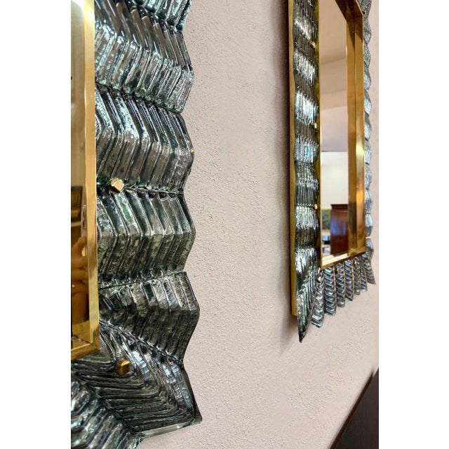 Metal Sculptural Turquoise Murano Glass and Brass Mirrors, 2000s, Set of 2 For Sale - Image 7 of 8