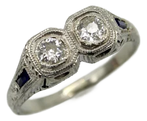 1910s 18k Gold Edwardian/Art Deco Two Stone Diamond Ring With Sapphires, Size 5.75