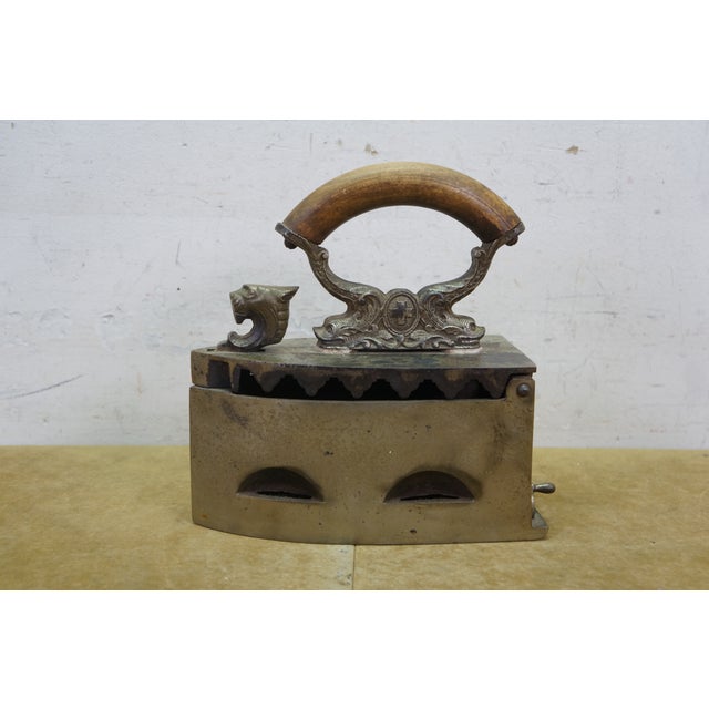 Late 19th Century Antique Lion Head Delphin Dolphin Coal Brazier Clothing Iron & Trivet 9" For Sale - Image 5 of 18