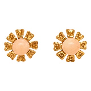1970s 14k Yellow Gold Angel Skin Coral Flower Stud Earrings For Sale