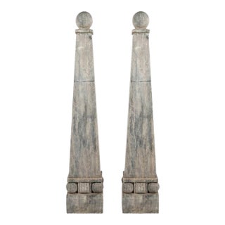 Pair of Grand Tour Style Faux Marbled Gray Granite Obelisks For Sale