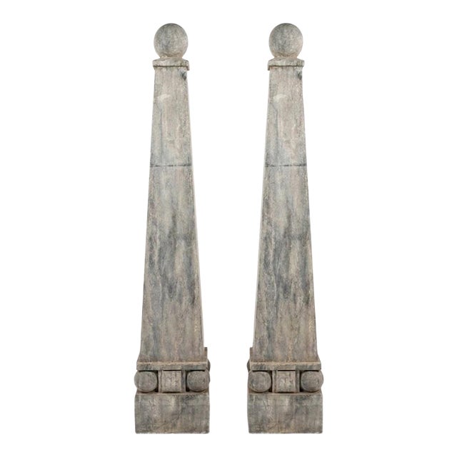 Pair of Grand Tour Style Faux Marbled Gray Granite Obelisks For Sale
