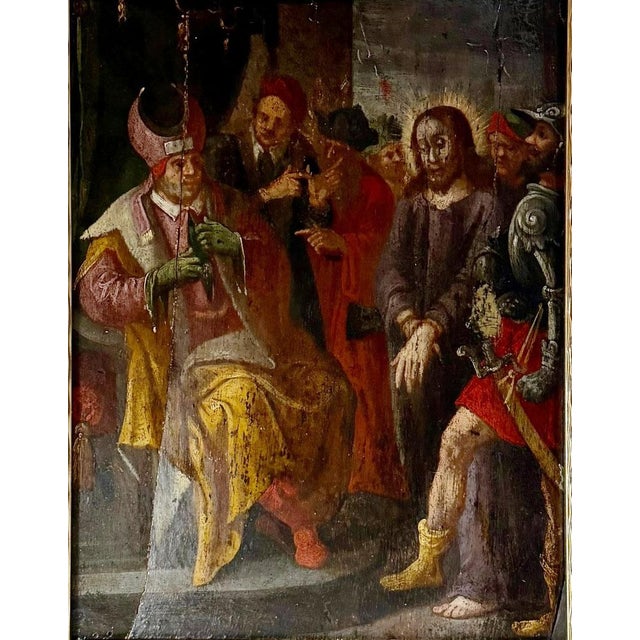 An evocative late 16th or early 17th century European religious painting depicting Christ before the High Priest Caiaphas,...